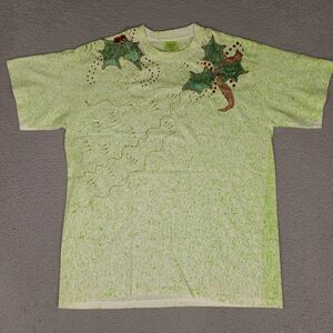 Holiday Holly Christmas T-Shirt Adult XL Green Tie Dye Embellished‎ USA Made